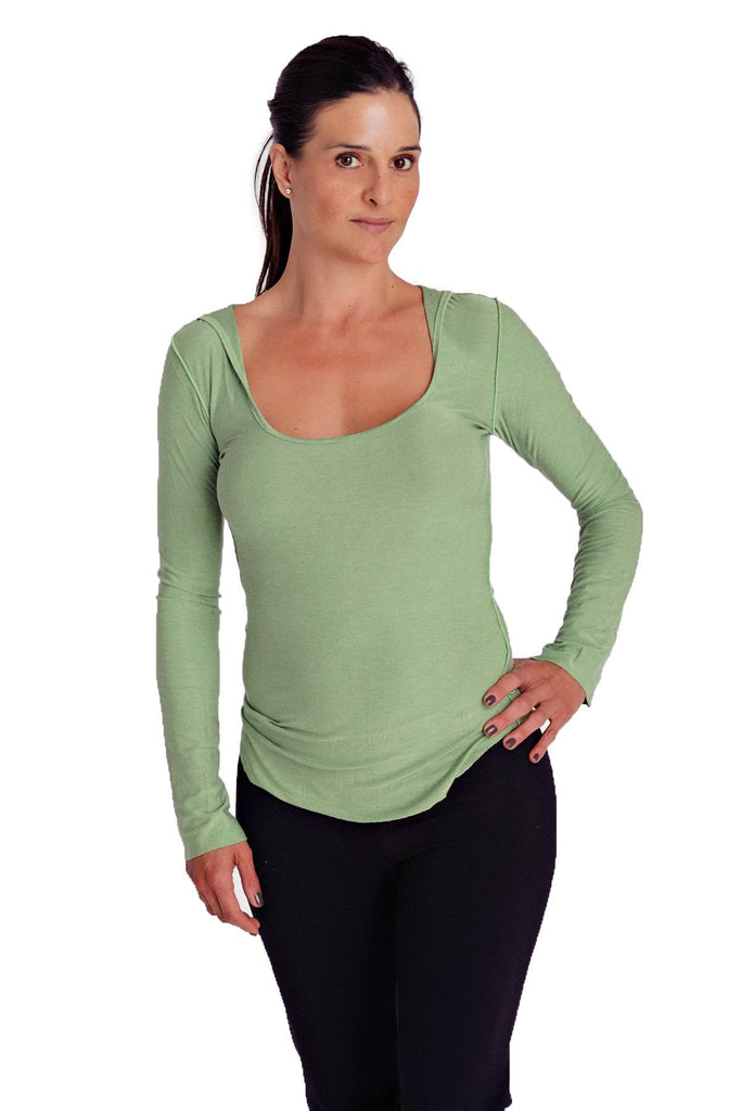 Deep Scoop Neck Long Sleeve Hoodie Top (Bamboo Green) Womens Hoodie Tops 4-rth 