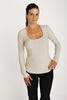 Deep Scoop Neck Long Sleeve Hoodie Top (Sand Beige) Womens Hoodie Tops 4-rth 