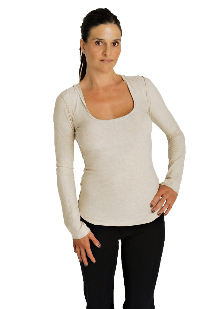 Deep Scoop Neck Long Sleeve Hoodie Top (Sand Beige) Womens Hoodie Tops 4-rth 