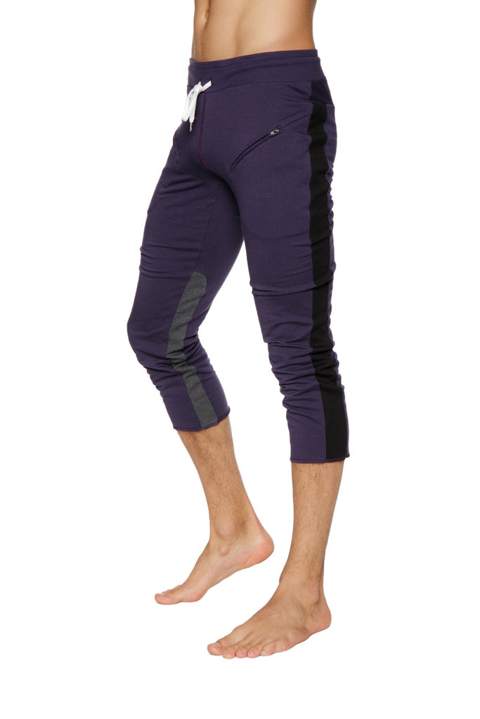 Mens 4/5 Zipper Pocket Capri Yoga Pants (Eggplant w/Black & Charcoal) Capri Pants 4-rth 