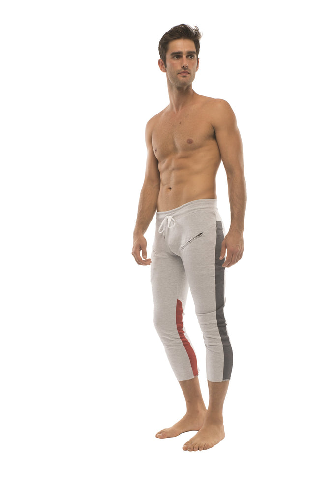 Mens 4/5 Zipper Pocket Capri Yoga Pants (GREY w/Charcoal & Red) Capri Pants 4-rth 