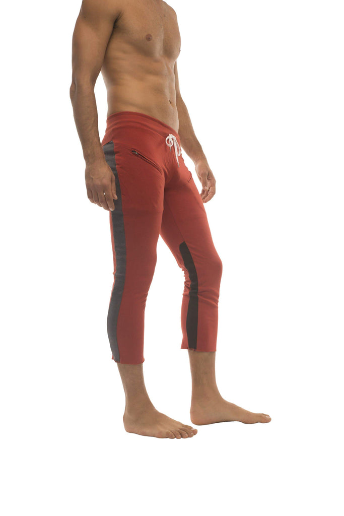 Mens 4/5 Zipper Pocket Capri Yoga Pants (RED w/Charcoal & Black) Capri Pants 4-rth 