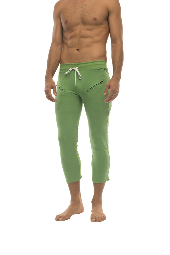 Mens 4/5 Zipper Pocket Capri Yoga Pants (Solid Bamboo Green) Capri Pants 4-rth 