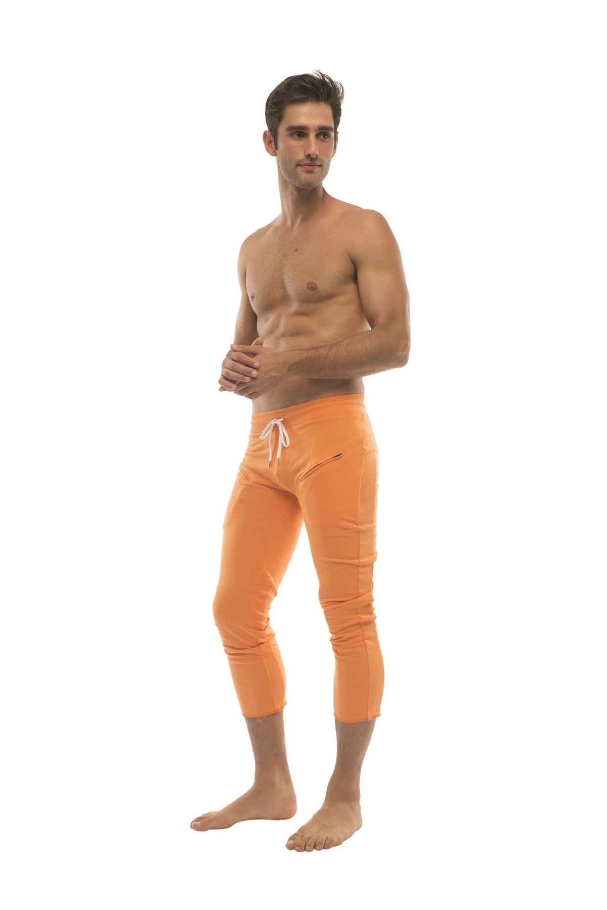 Mens 4/5 Zipper Pocket Capri Yoga Pants (Solid Orange)