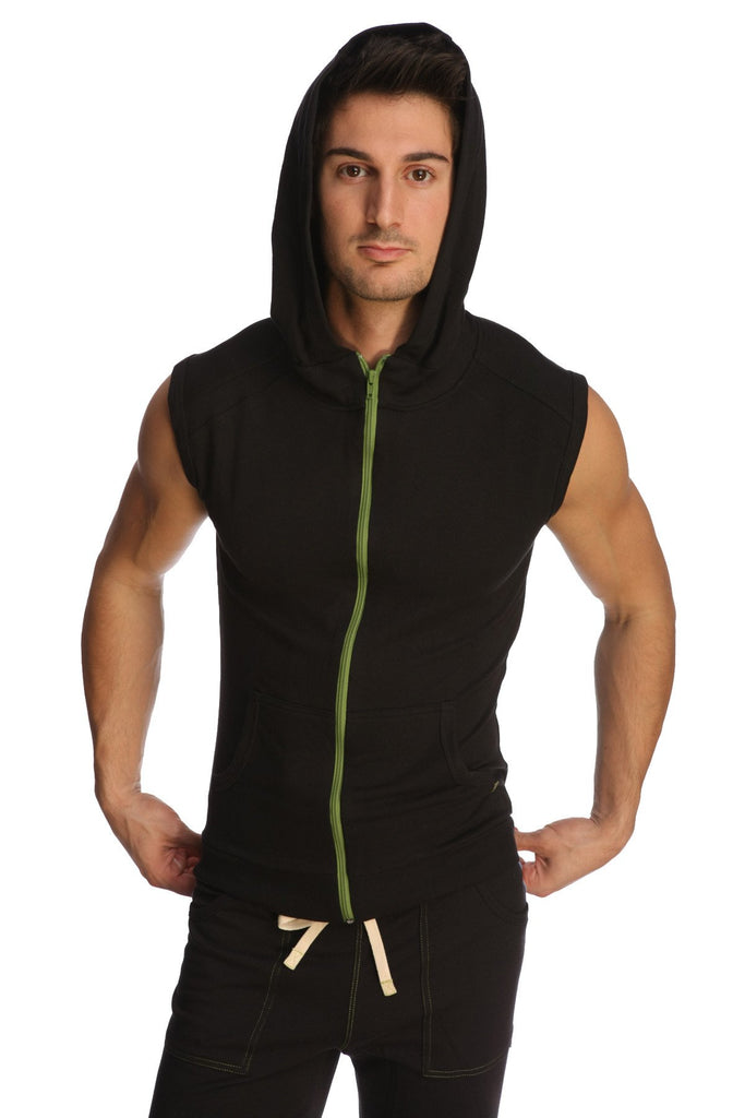 Sleeveless Yoga Hoodie (Black) Mens Hoodies 4-rth 