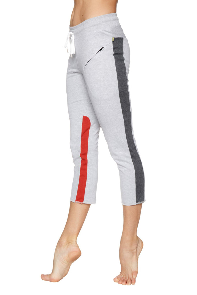 Women's 4/5 Length Zipper Pocket Capri Yoga Pant (Grey w/Charcoal & Red) Womens Capris 4-rth 