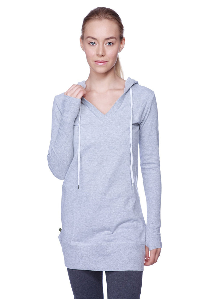 Women's Long Body Hoodie Top (Heather Grey w/Charcoal) Womens Hoodie Tops 4-rth 