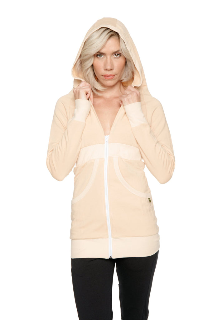 Zip-up Long Body Travel Hoodie Jacket (Sand Beige) Womens Hoodie Tops 4-rth 