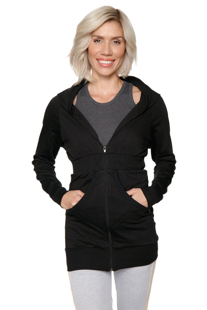 Zip-up Long Body Travel-ready Hoodie (Black) Womens Hoodie Tops 4-rth 